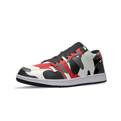 Camo Shoes | Red, Black, & White Low Top Leather Sneakers