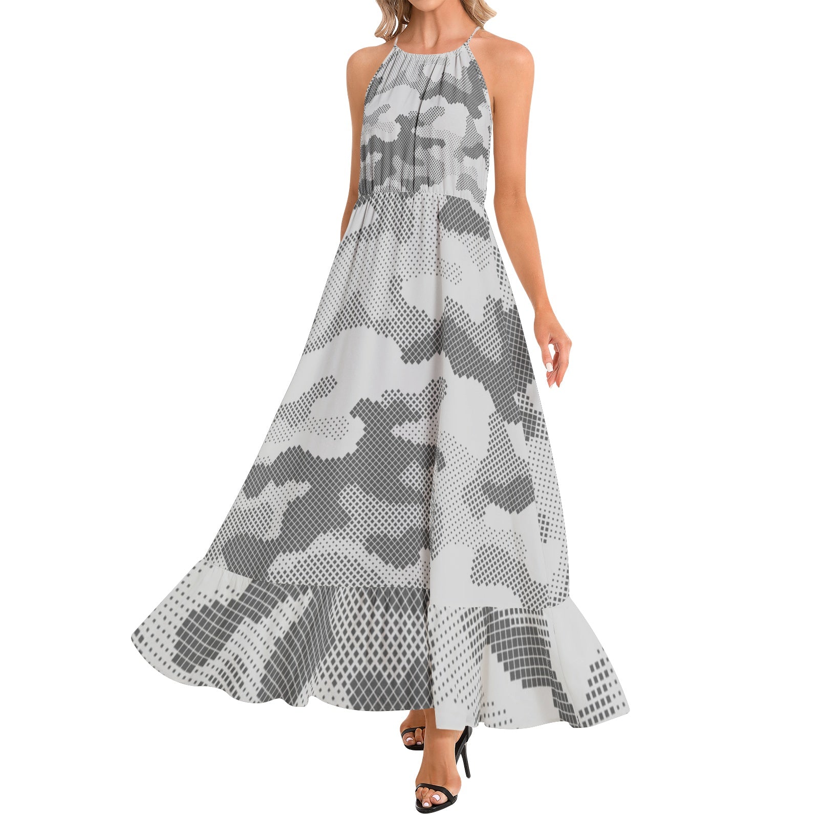 Camo Maxi Dress | Digital Gray Camouflage | Ruffle Hem