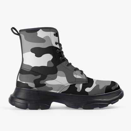 Chunky Boots | Leather in Gray, Black, & White Camouflage