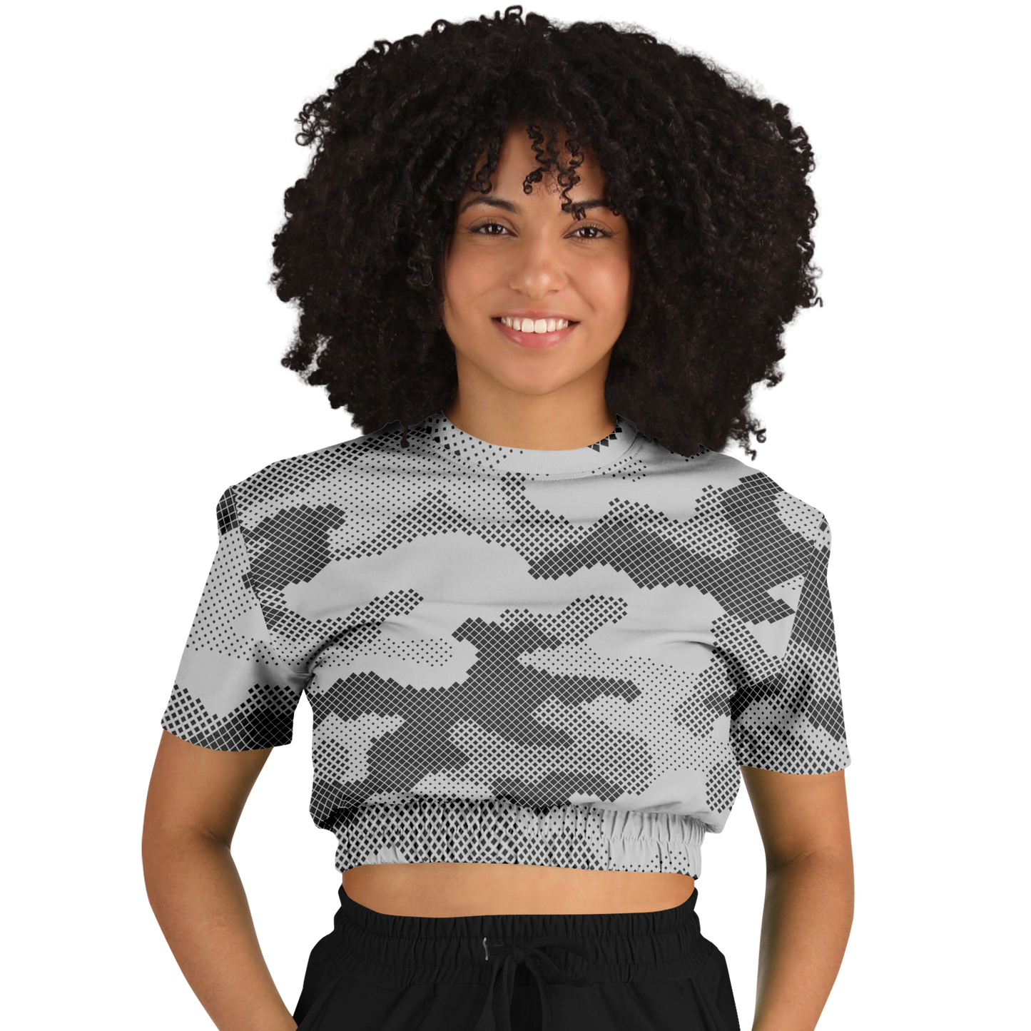 Camo Crop Top Sweatshirt | Black & White Digital Dotted