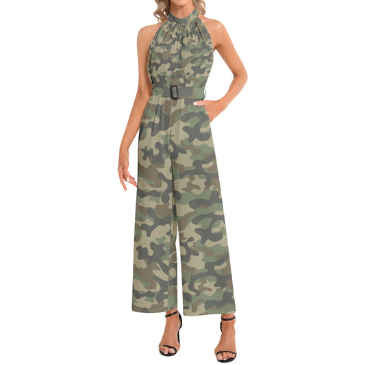 Camo Jumpsuit | Belted Halter Neck | Military Brown