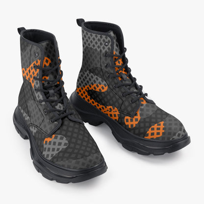 Chunky Boots | Leather in Black & Orange Pixel Camouflage