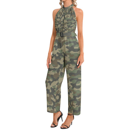 Camo Jumpsuit | Belted Halter Neck | Military Brown