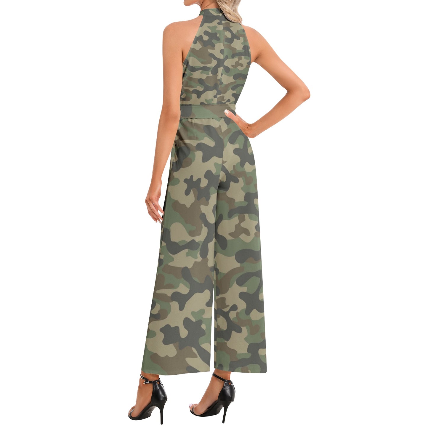 Camo Jumpsuit | Belted Halter Neck | Military Brown