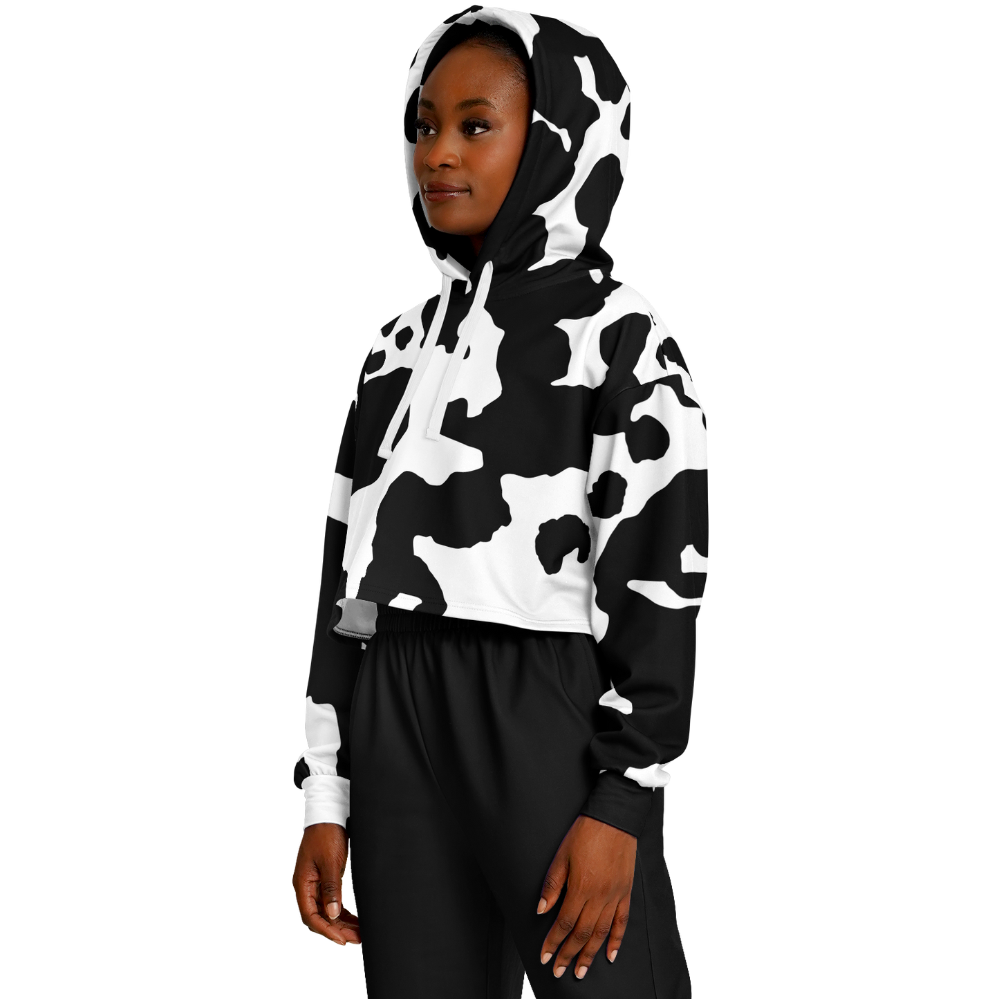 Cropped Hoodie For Women | Black & White Cow Camouflage