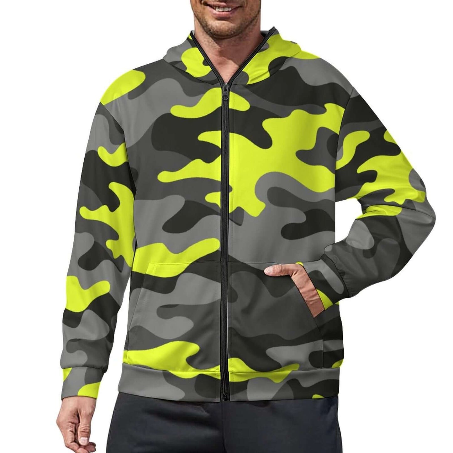 Zip up Camo Hoodie | Black, Gray & Yellow Camouflage