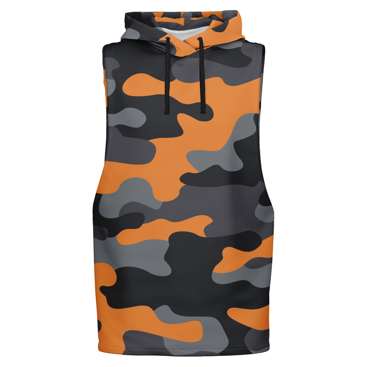 Sleeveless Hoodie | Orange, Gray & Black Camouflage