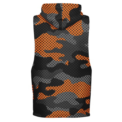 Sleeveless Hoodie | Black & Orange Pixel Camouflage