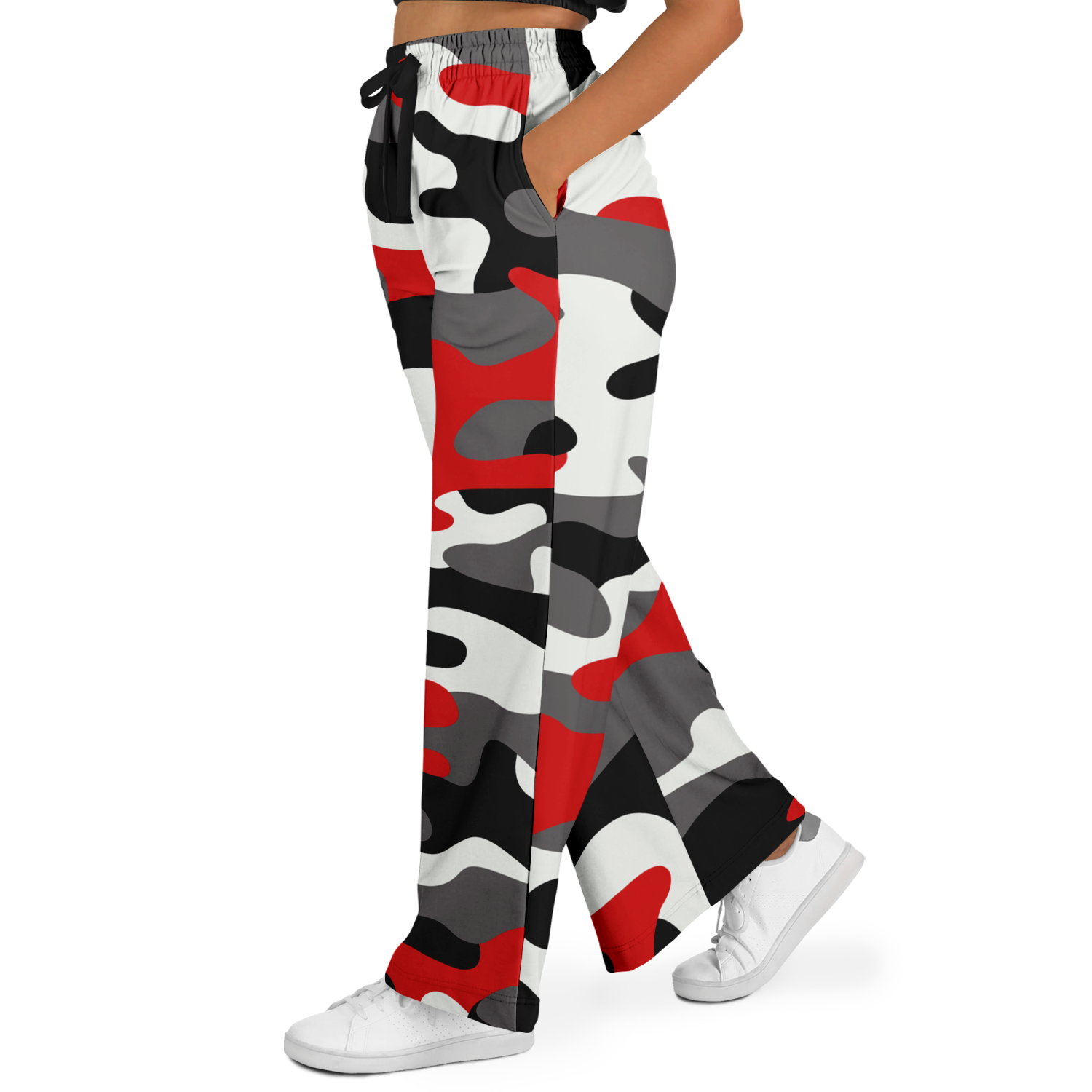 Camo Wide Leg Pants For Women | Red, Black & White Camouflage