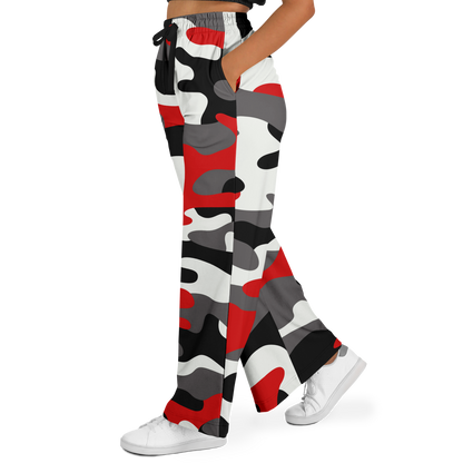 Camo Wide Leg Pants For Women | Red, Black & White Camouflage