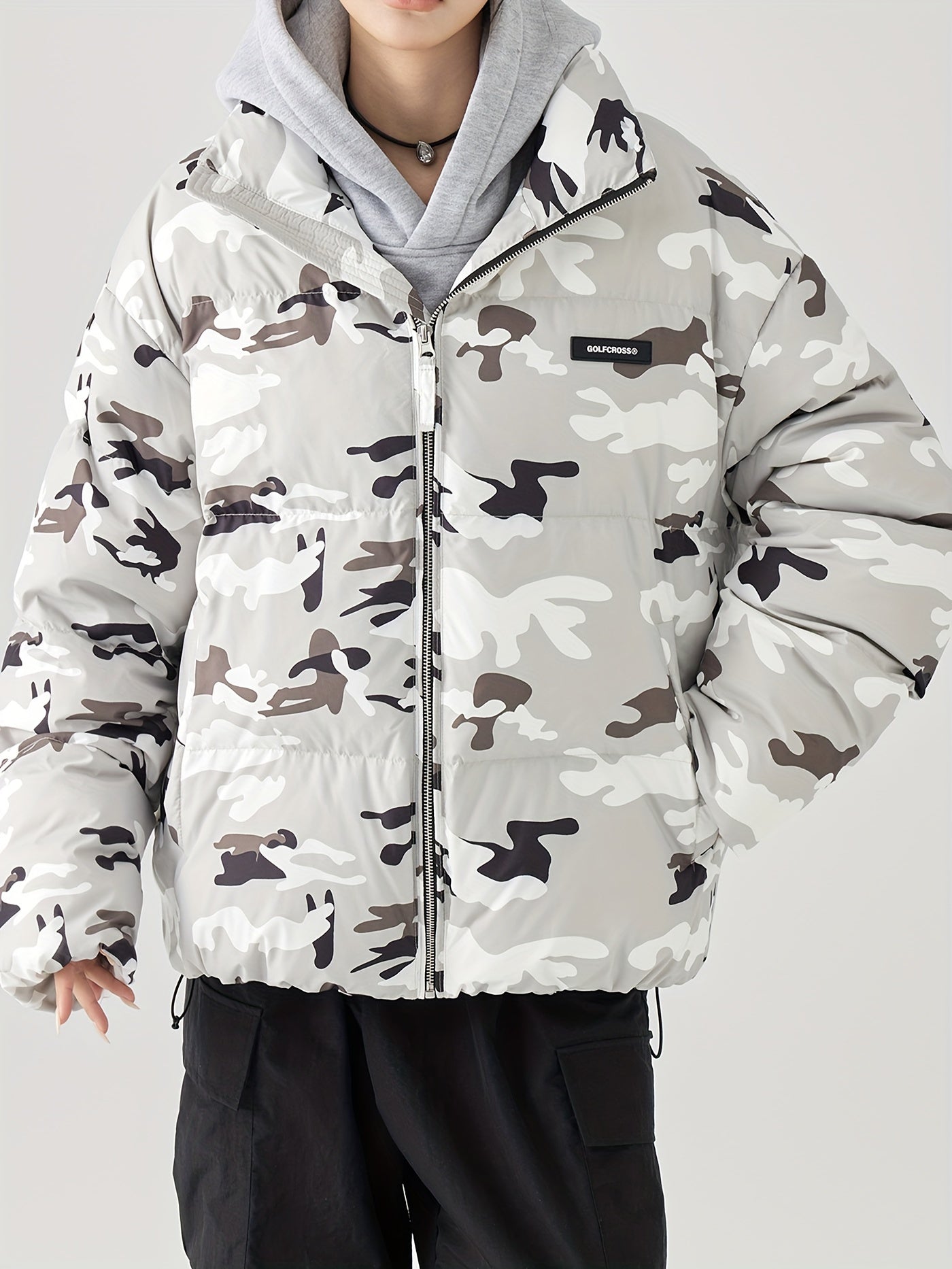 Camo Print Puffer Jacket for Men | Loose Fit, Letter Pattern