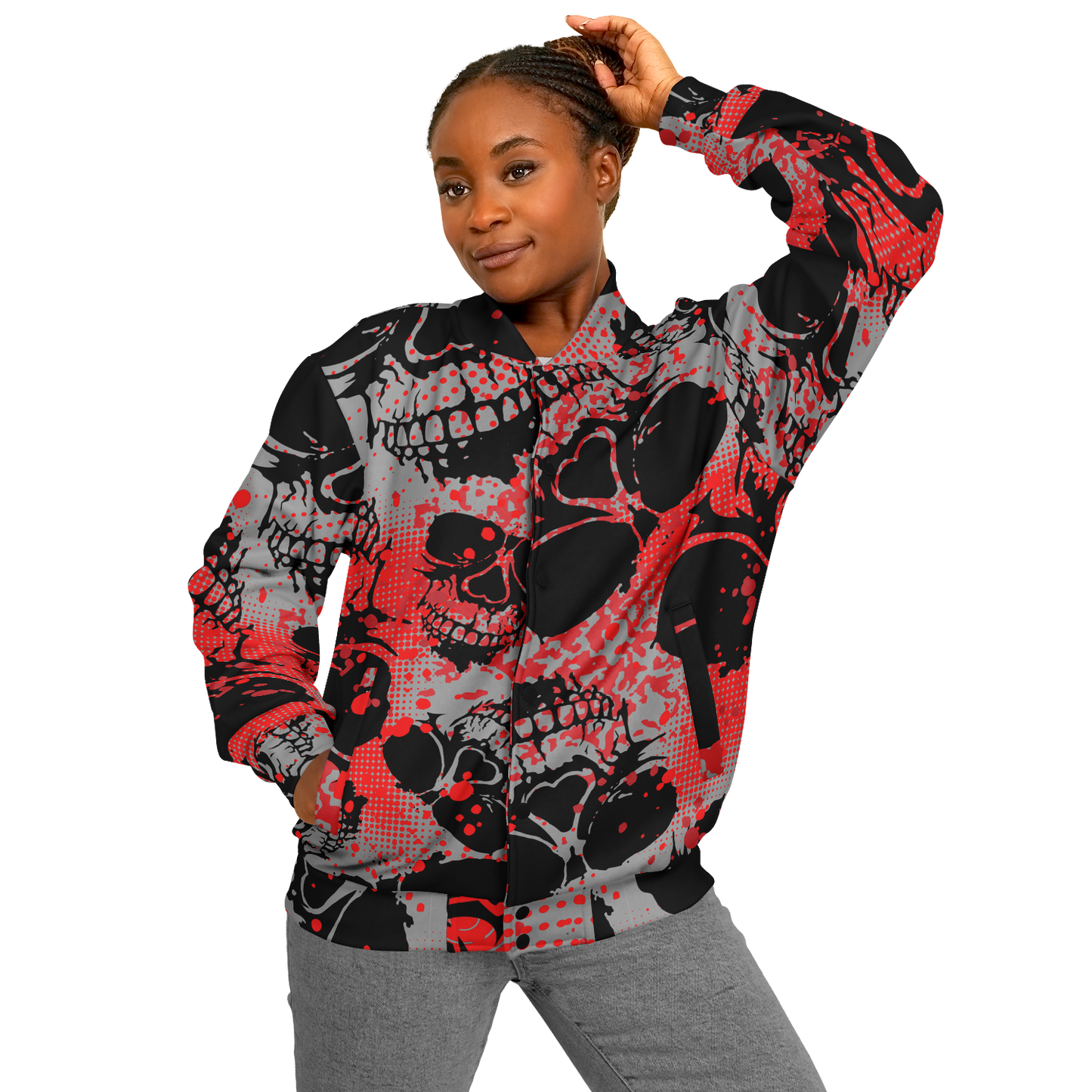 Baseball Jacket | Grunge Skulls Print in Red & Black | Unisex