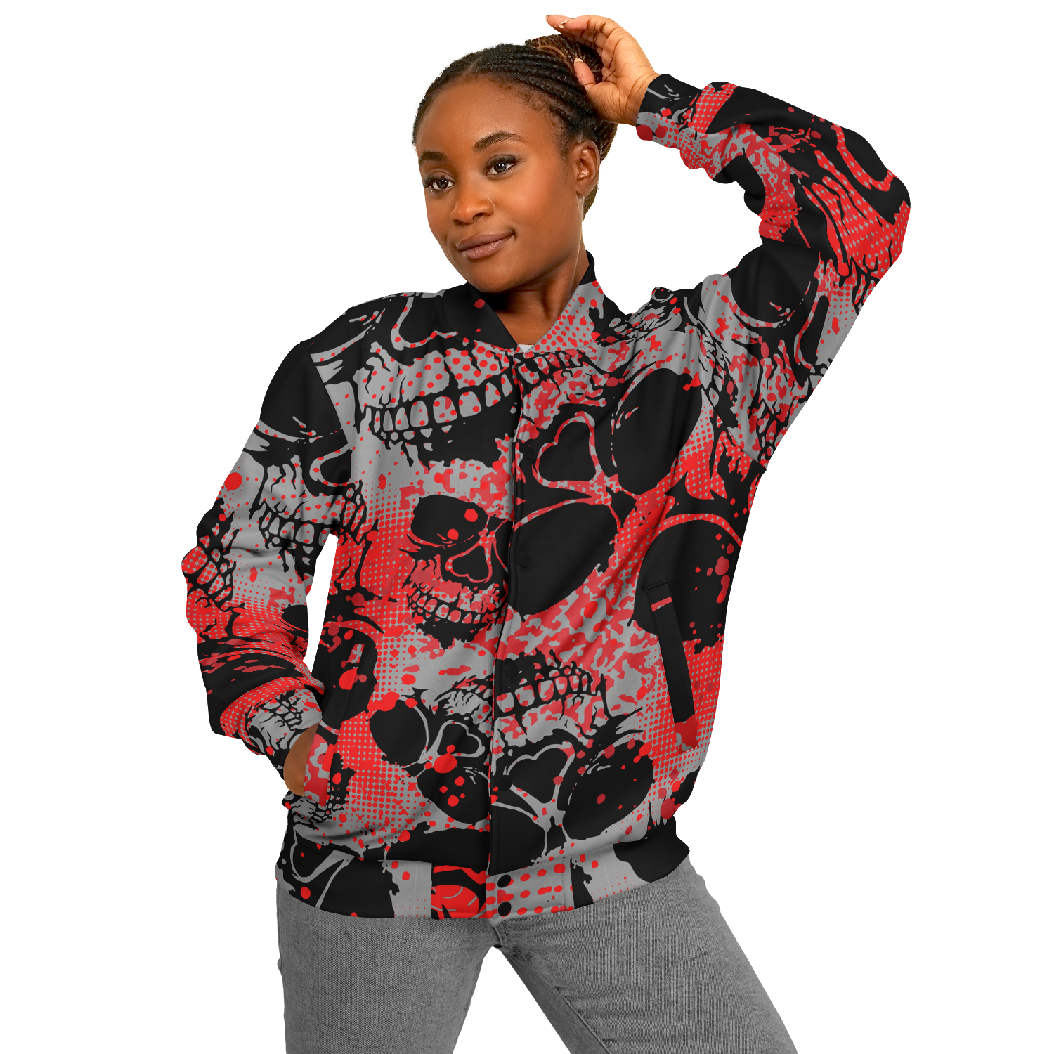 Baseball Jacket | Grunge Skulls Print in Red & Black | Unisex