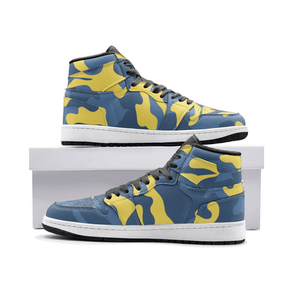 Blue and Yellow Camo Sneakers | High Top Leather