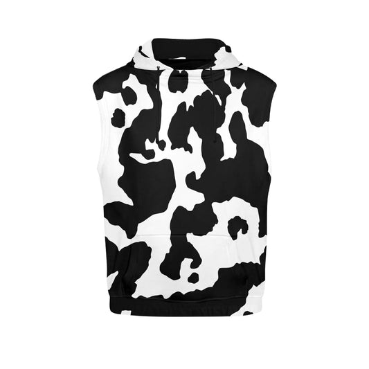 Sleeveless Camo Hoodie For women | Black and White Cow Print