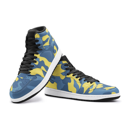 Blue and Yellow Camo Sneakers | High Top Leather