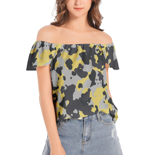 Off The Shoulder Camo Top | Yellow, Black and Silver Camouflage