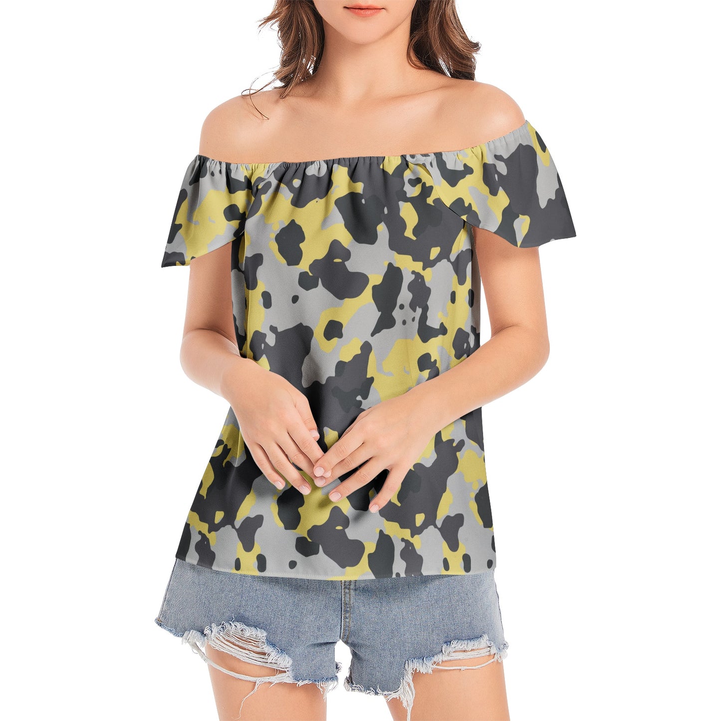 Off The Shoulder Camo Top | Yellow, Black and Silver Camouflage