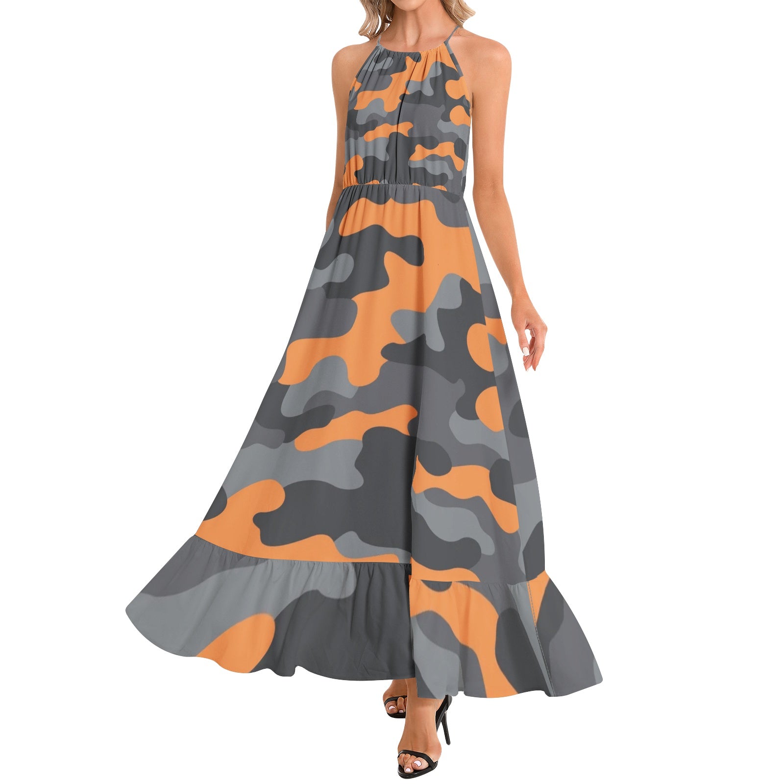 Camo Maxi Dress | Orange, Black, and Gray Camouflage | Ruffle Hem