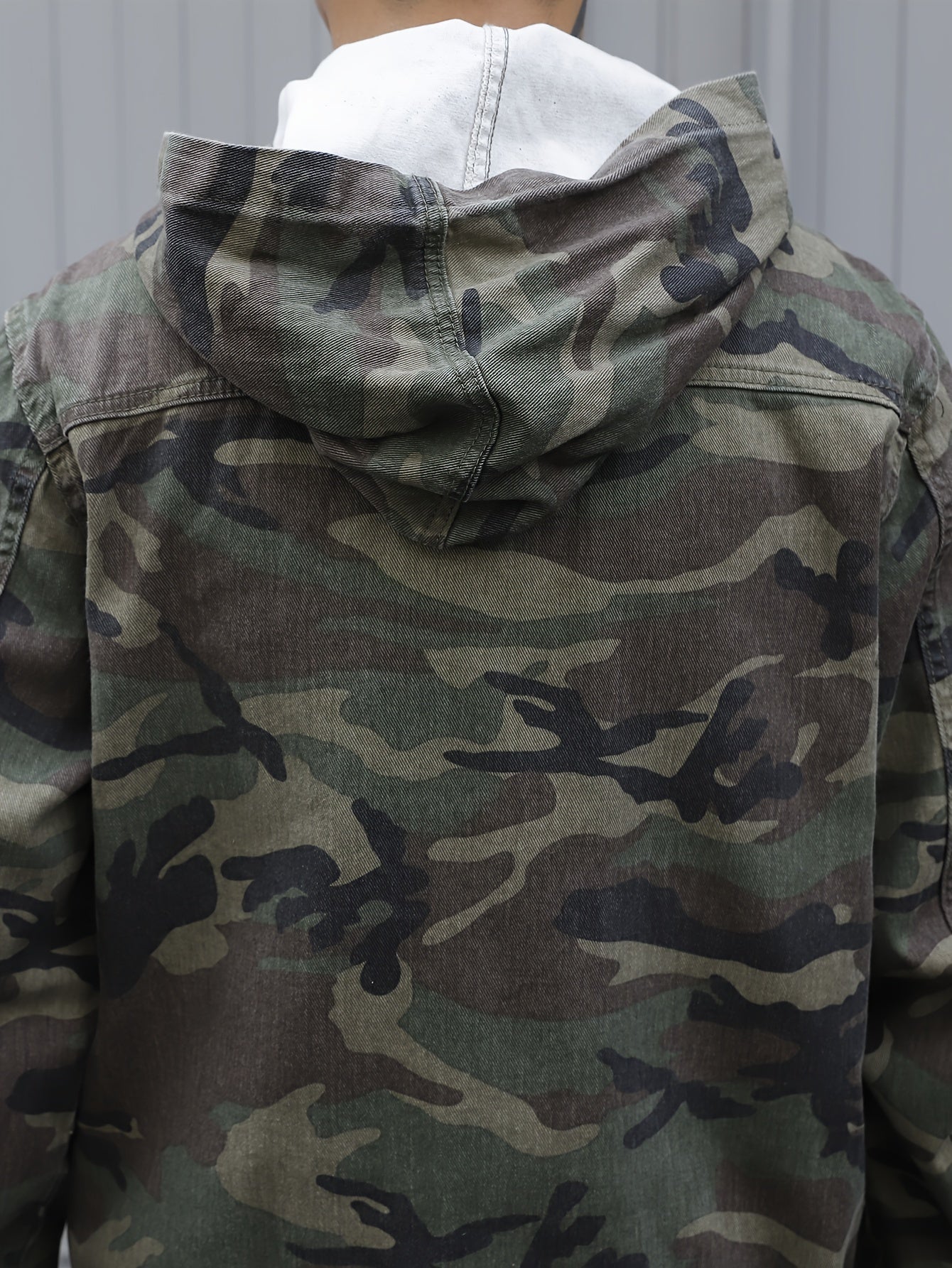 Men's Camo Denim Jacket: Hooded, Zip-Up, Regular Fit with Pockets