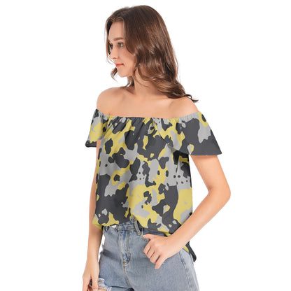 Off The Shoulder Camo Top | Yellow, Black and Silver Camouflage