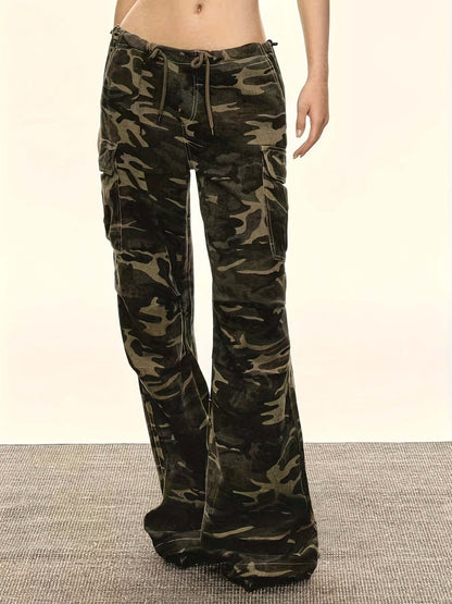 Women's Green Camo Cargo Wide Leg Denim Jeans | Cotton Blend