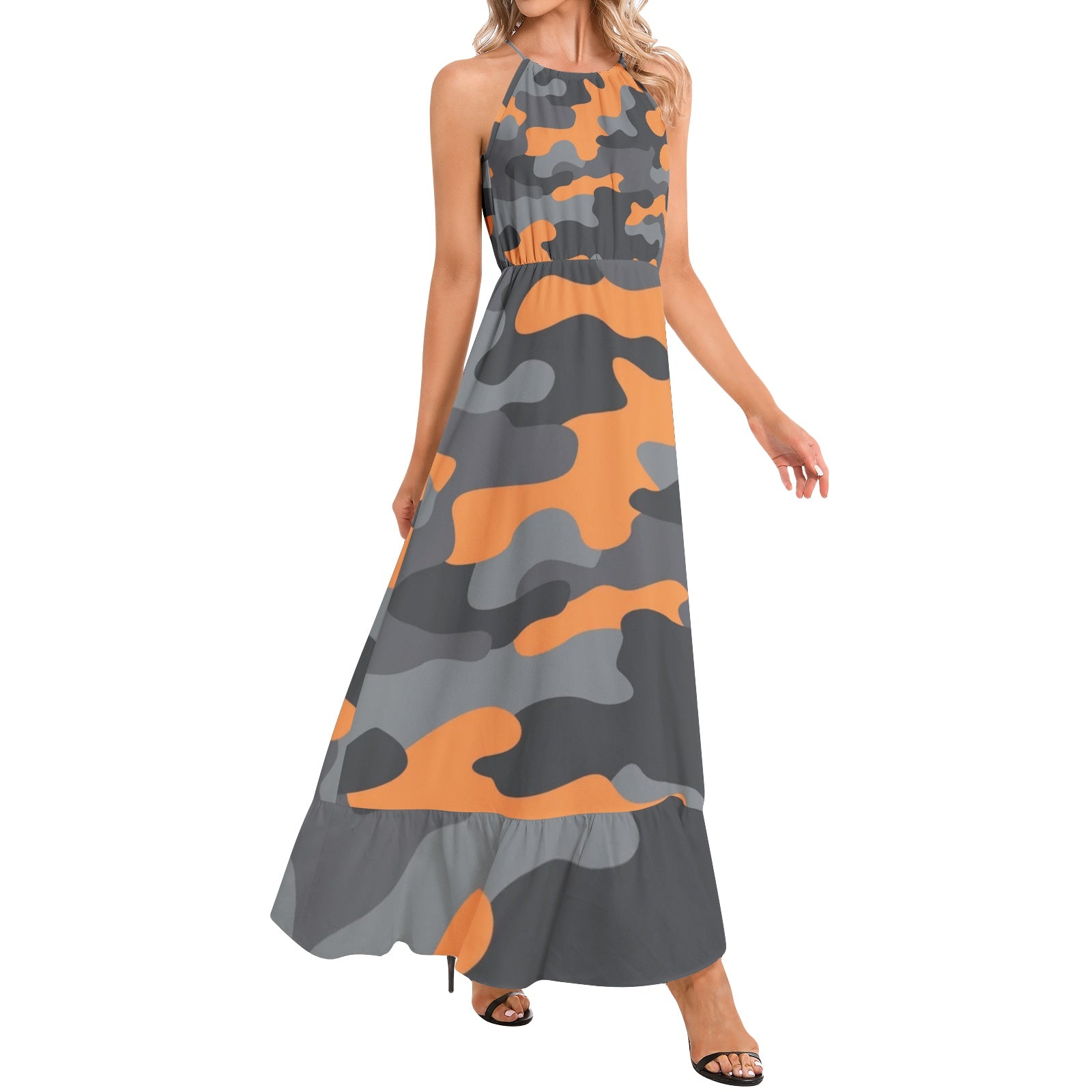 Camo Maxi Dress | Orange, Black, and Gray Camouflage | Ruffle Hem