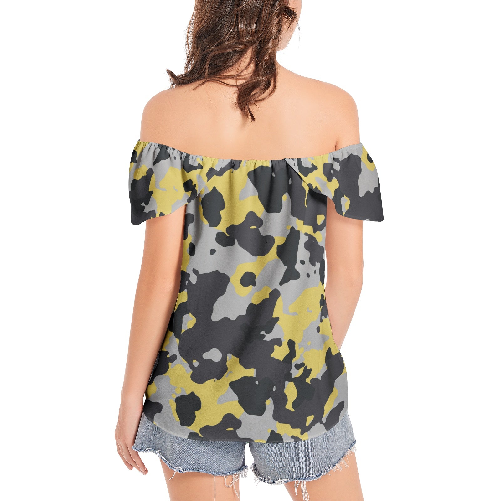 Off The Shoulder Camo Top | Yellow, Black and Silver Camouflage