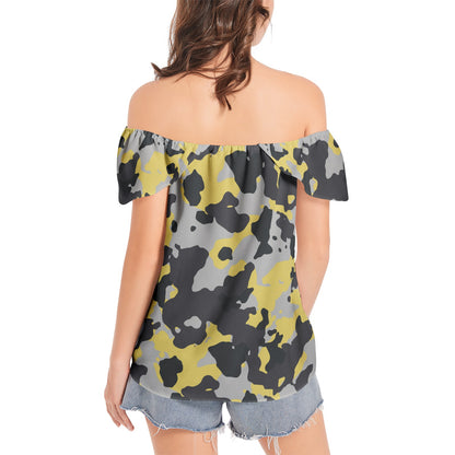 Off The Shoulder Camo Top | Yellow, Black and Silver Camouflage