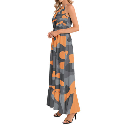 Camo Maxi Dress | Orange, Black, and Gray Camouflage | Ruffle Hem