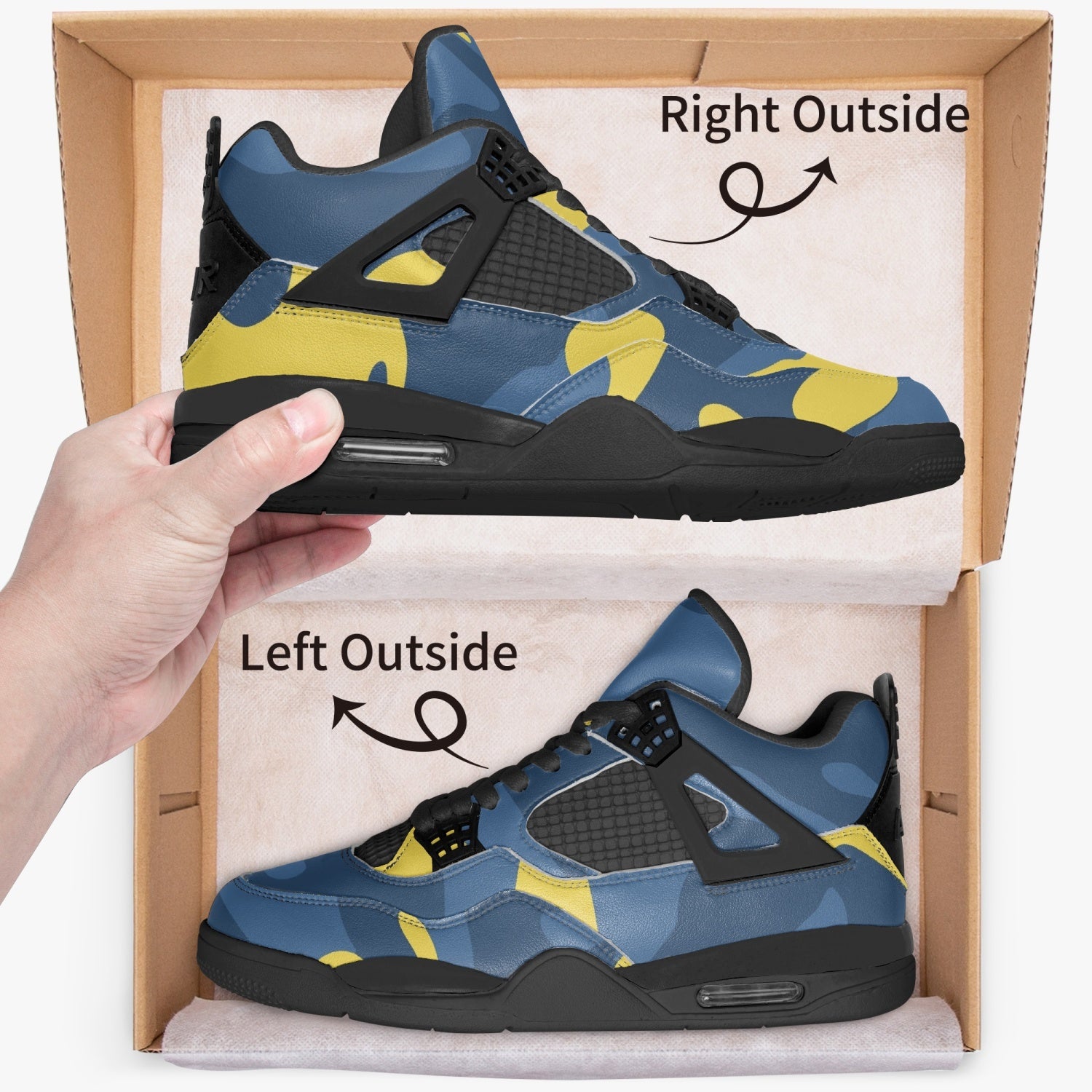 Camo Jordans AJ4 | Blue & Yellow Military Camouflage