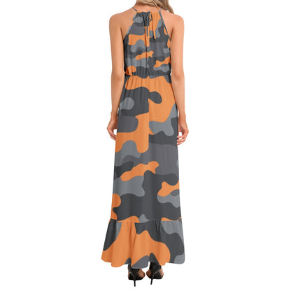 Camo Maxi Dress | Orange, Black, and Gray Camouflage | Ruffle Hem