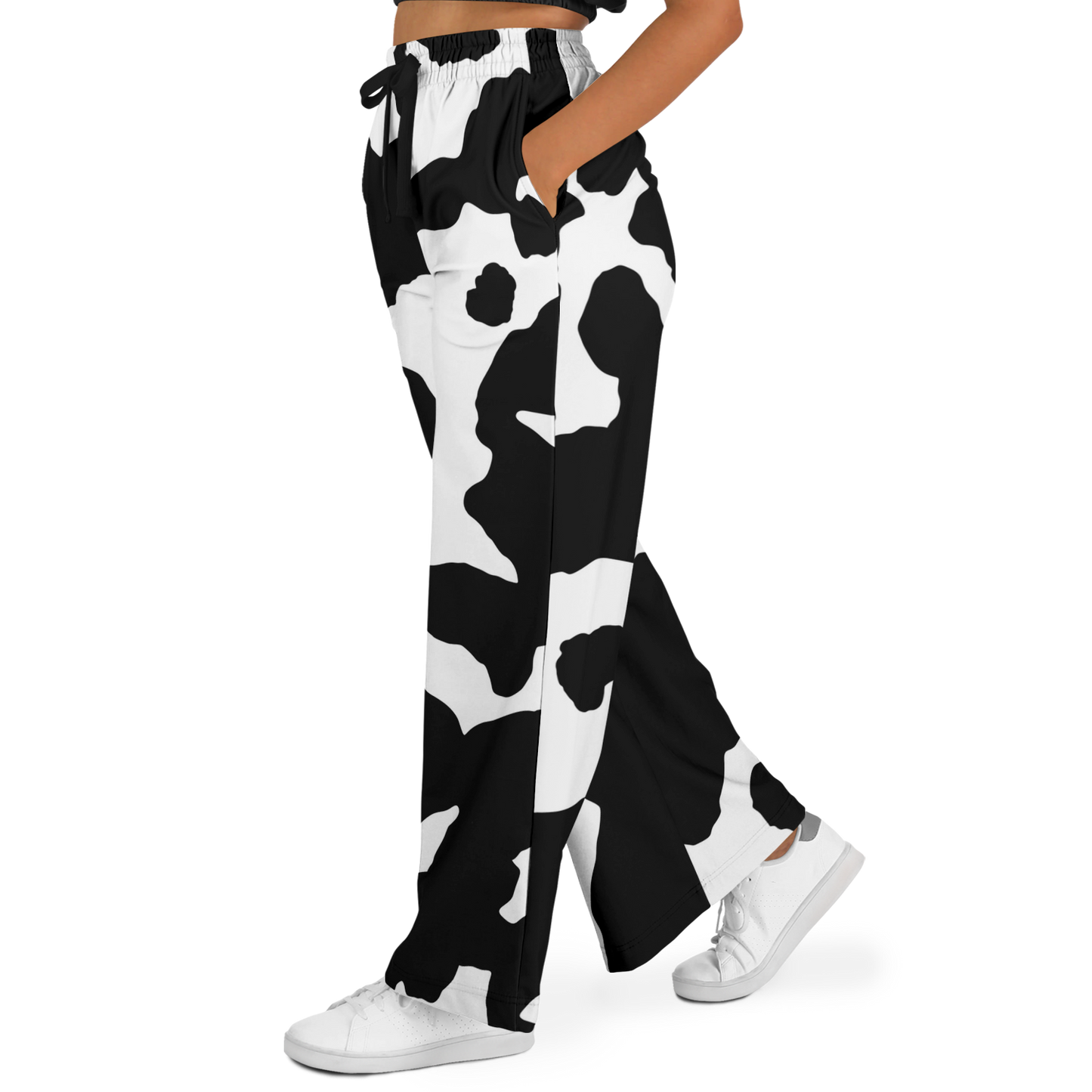 Camo Wide Leg Pants | Black & White Cow Camouflage