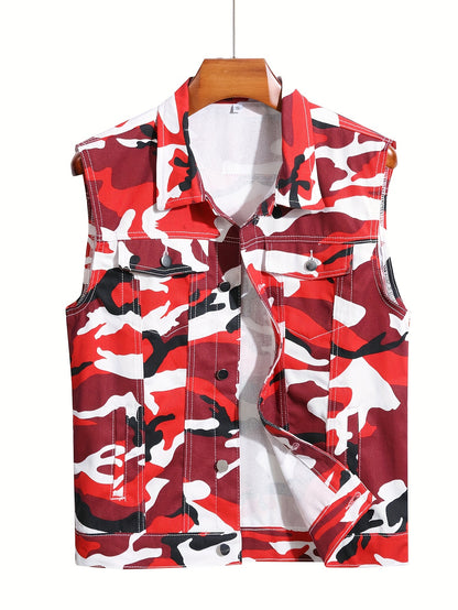 Men's Camo Denim Vest | Red and Black Sleeveless Jacket