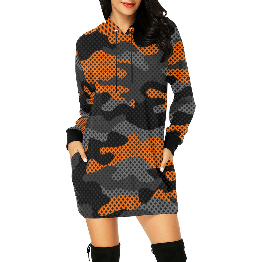 Camo Hoodie Dress | Orange and Black Pixel Camouflage