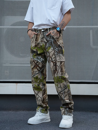 Men's Green Cargo Jeans | Floral Print | Streetwear Denim