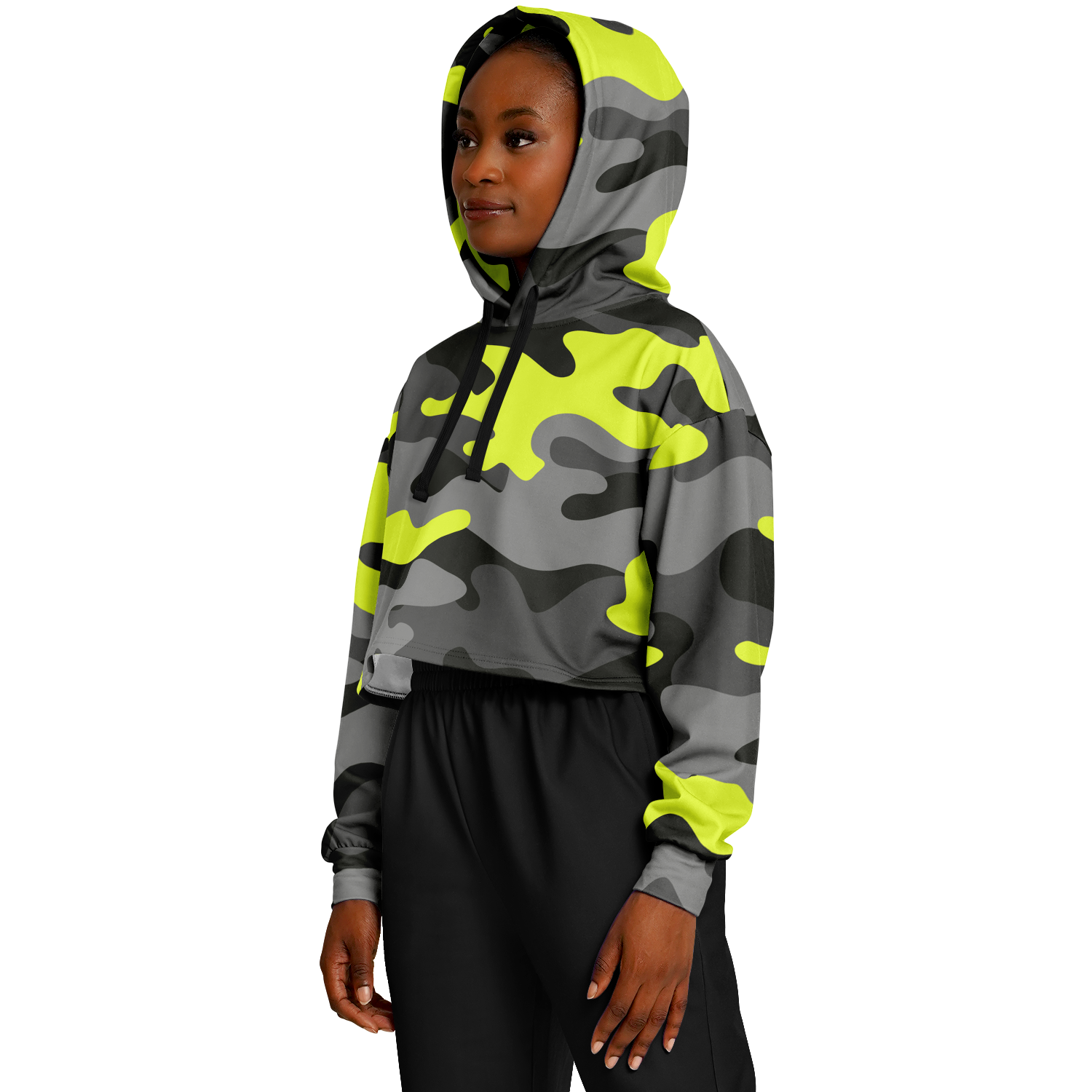 Cropped Hoodie For Women | Black, Gray & Yellow Camouflage