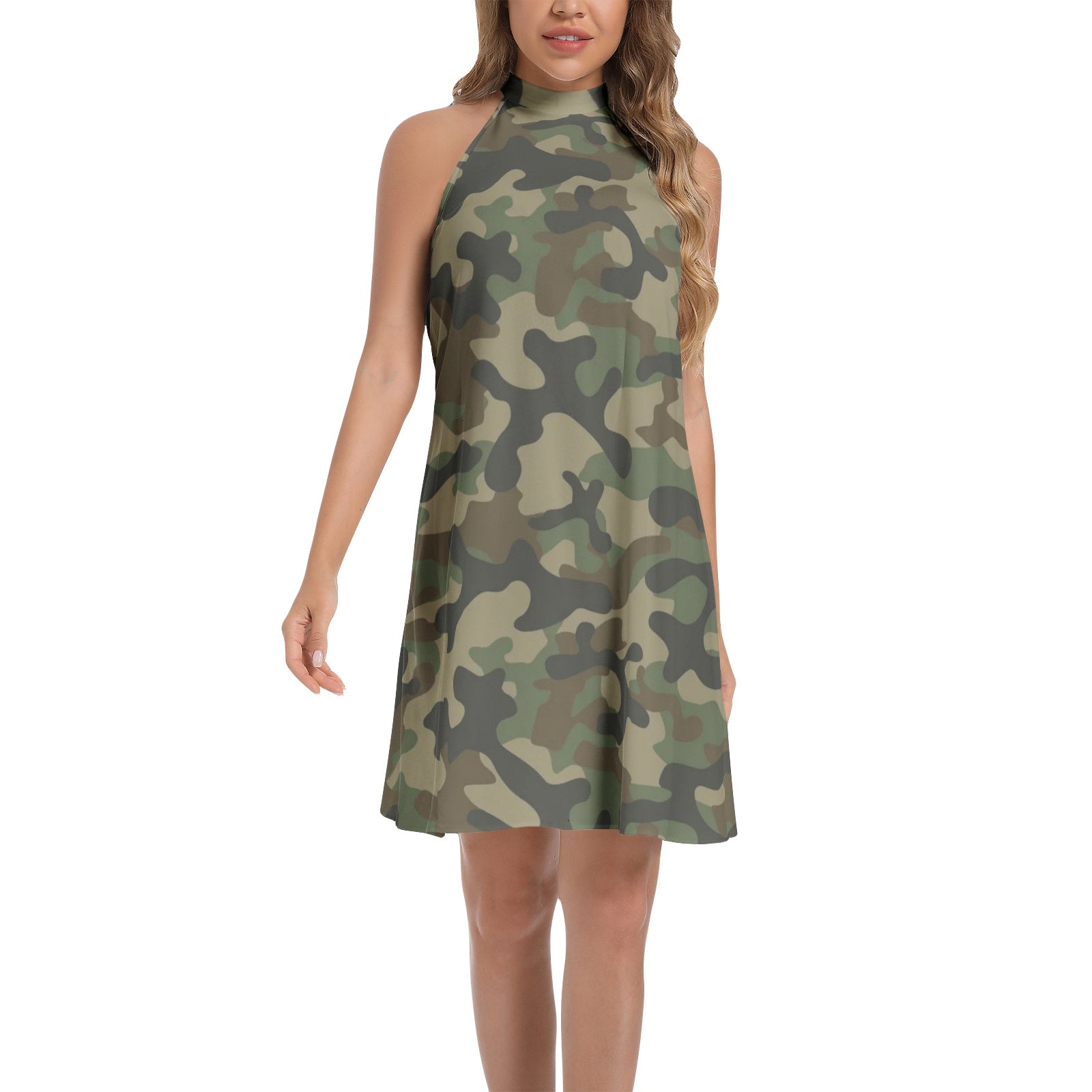 Flared Camo Dress | Halter Neck | Military Brown Camouflage