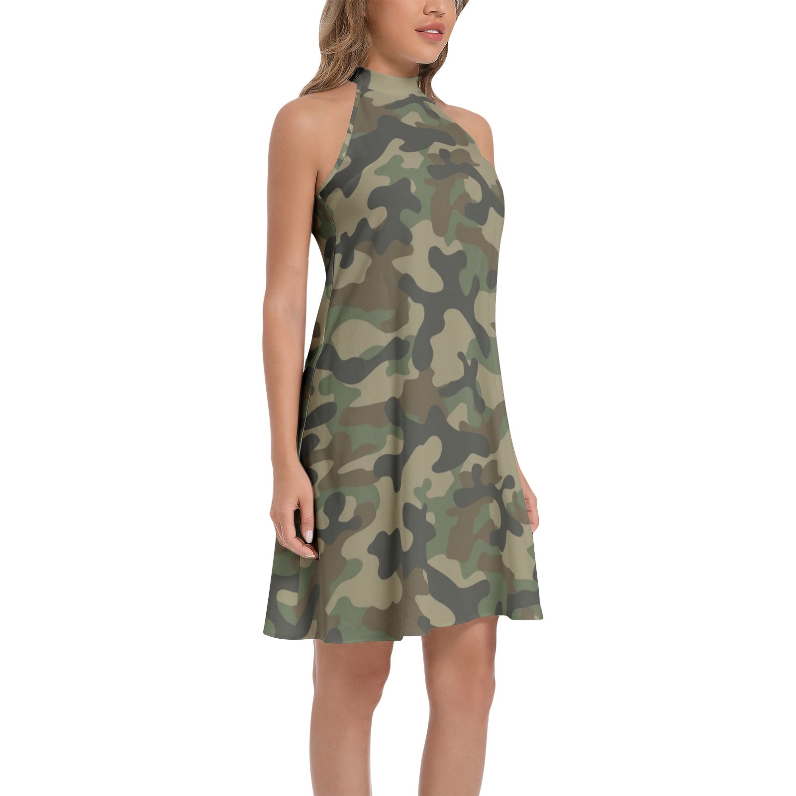 Flared Camo Dress | Halter Neck | Military Brown Camouflage