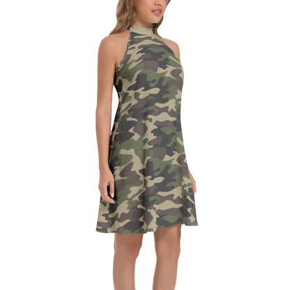 Flared Camo Dress | Halter Neck | Classic Green Camouflage