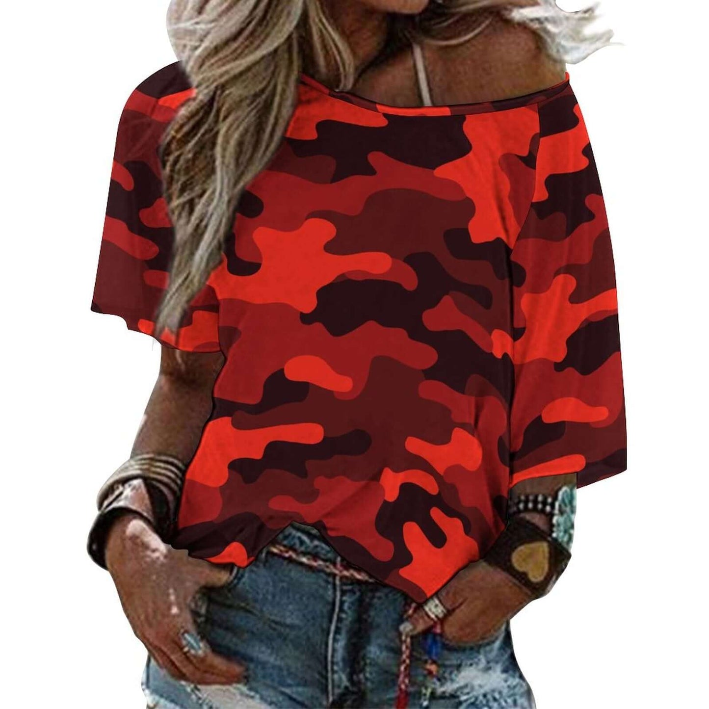 Off The Shoulder Top | Scarlet Red & Black Camo Shirt