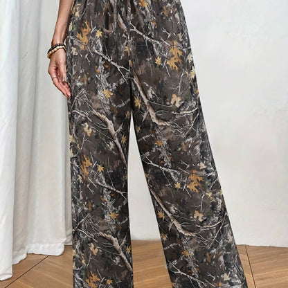 Camo Leaf Print Wide-Leg Pants for Women | Faux Drawstring, High Waist