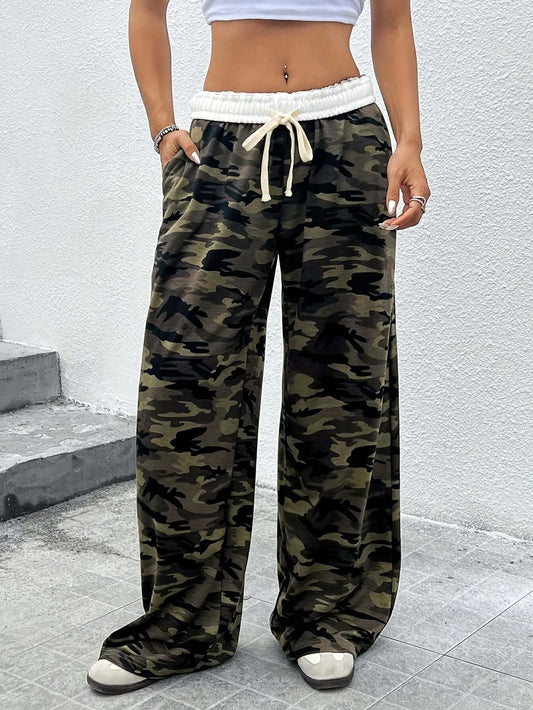 Green Camo Wide Leg Pants | Loose Fit with Drawstring