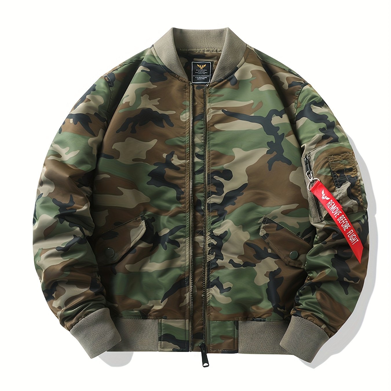 Fashionable Men's Camo Bomber Jacket, Stand Collar, Zipper