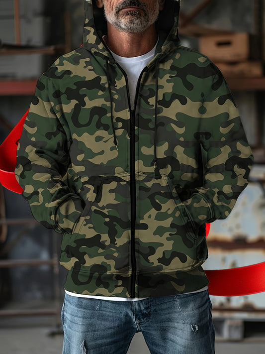 Men's Camo Hooded Jacket, Casual Zip-Up for Sports & Everyday