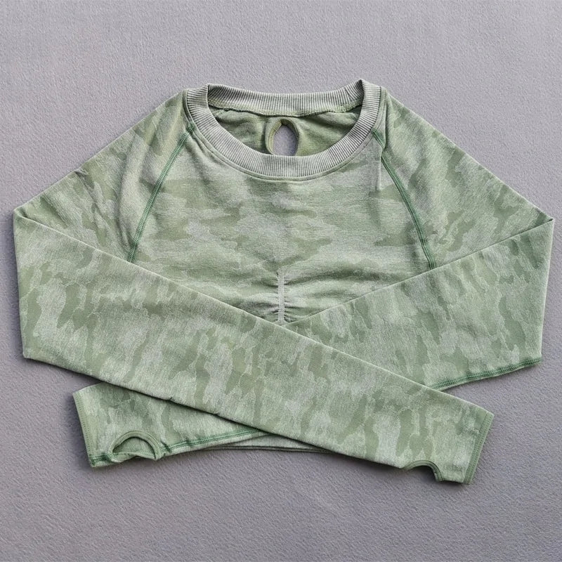 Green Camo Sleeve Crop Tight Sweatshirt