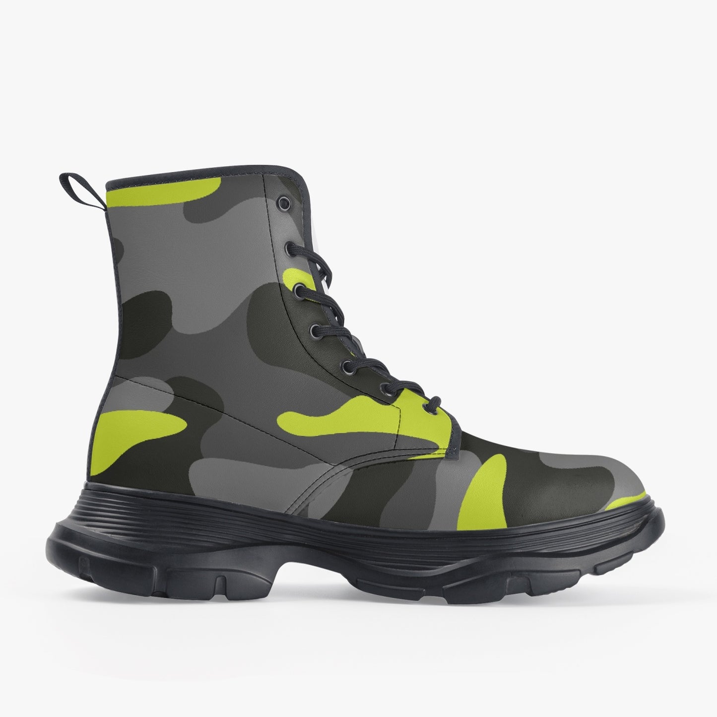 Chunky Boots | Leather in Yellow, Black, & Gray Camouflage