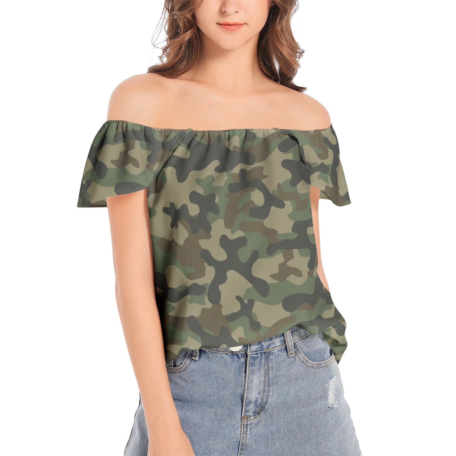 Off The Shoulder Camo Top | Military Brown Camouflage