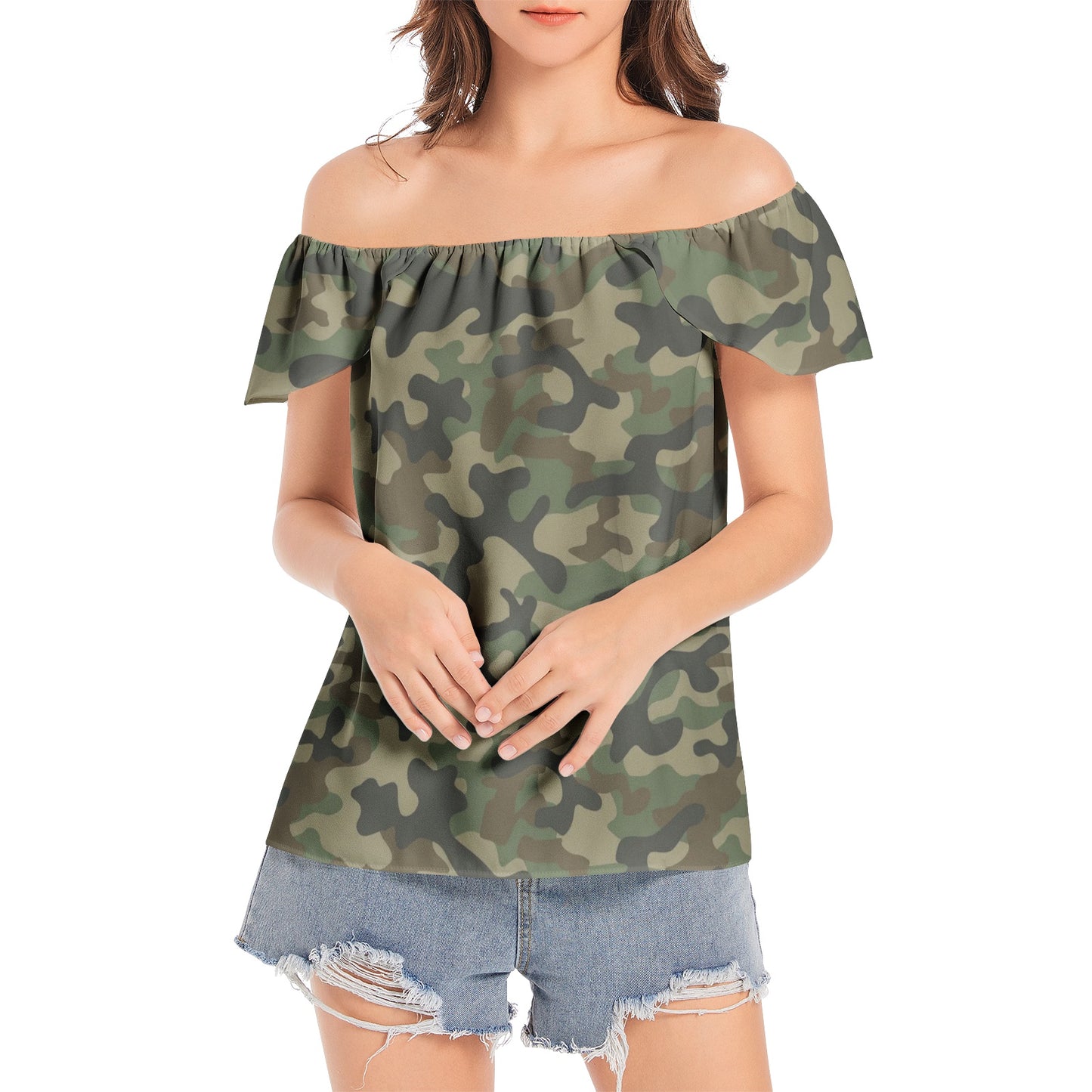 Off The Shoulder Camo Top | Military Brown Camouflage