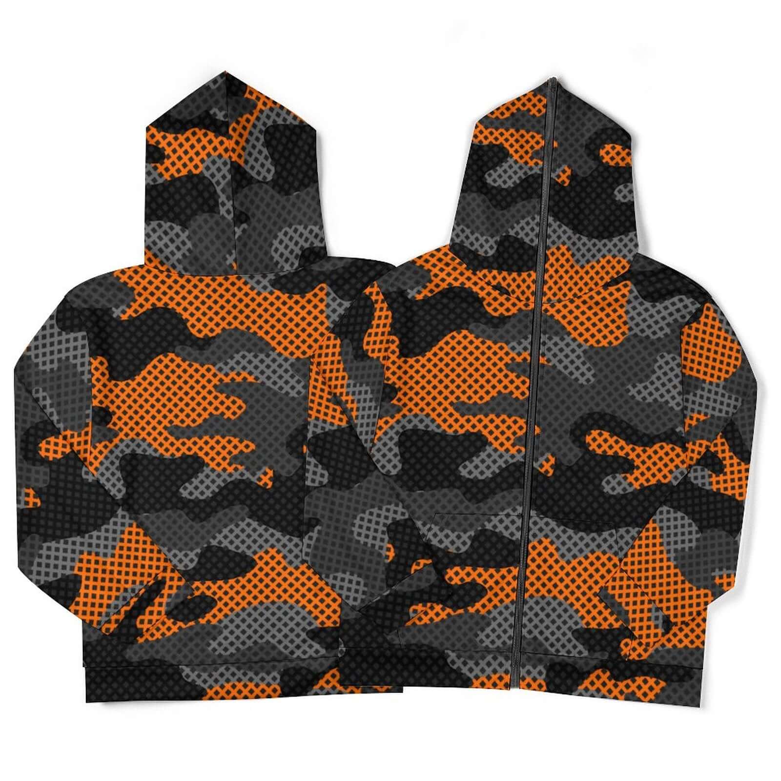 Zip up Camo Hoodie | Black & Orange Pixel Camouflage